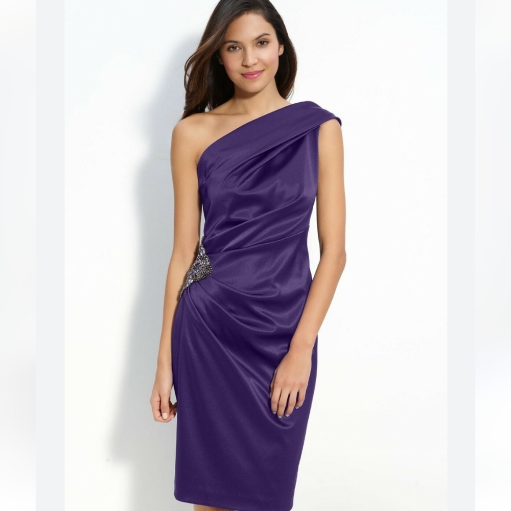 Eliza J Beaded S8 Purple One Shoulder Satin Dress